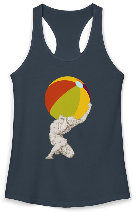 Tank top with a graphic of Atlas holding a beach ball