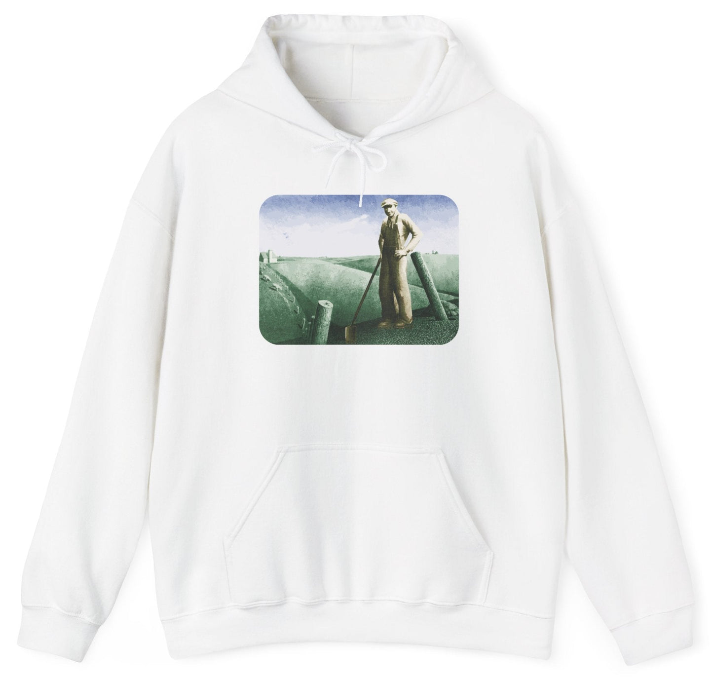 Hoodie with a graphic of a farmer and his field.