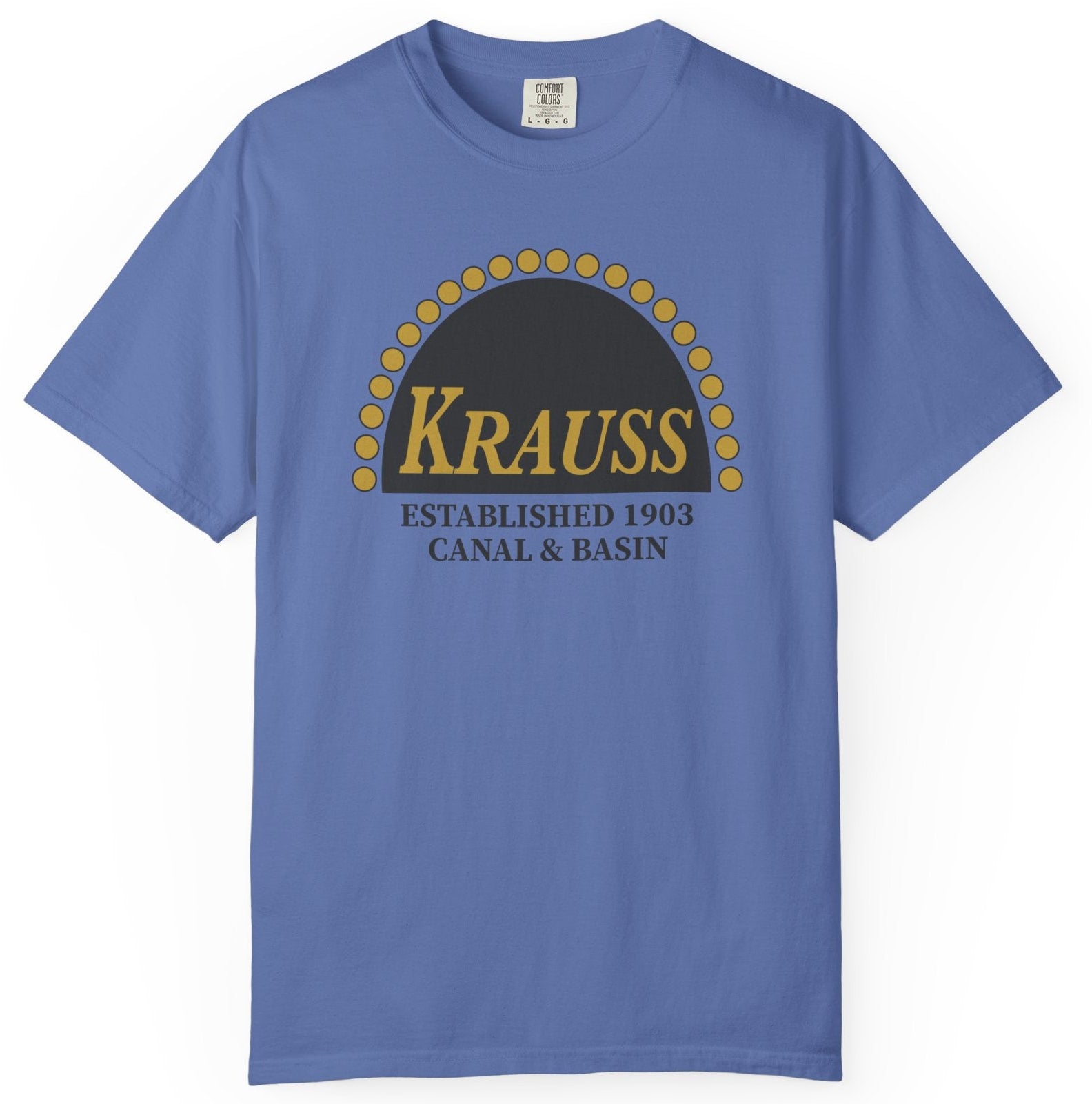 Blue t-shirt with 'Krauss' logo on a white background