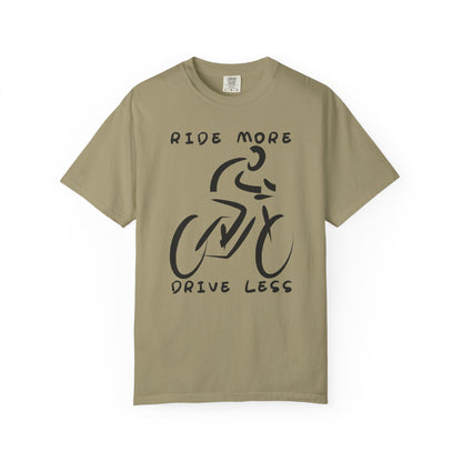 T-shirt with "Ride More Drive Less" text and minimalist cyclist graphic.