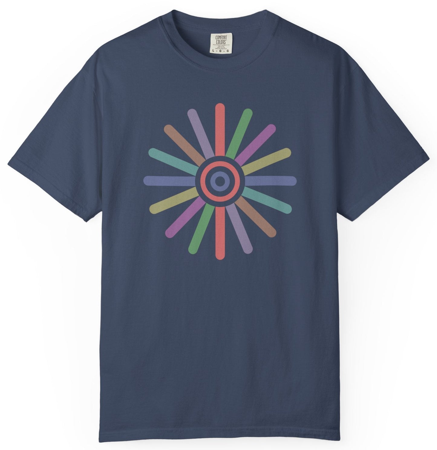 T-shirt with a colorful circular design 