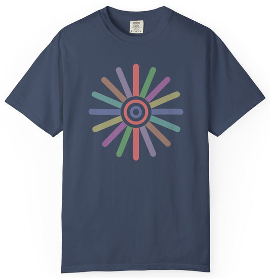 T-shirt with a colorful circular design 