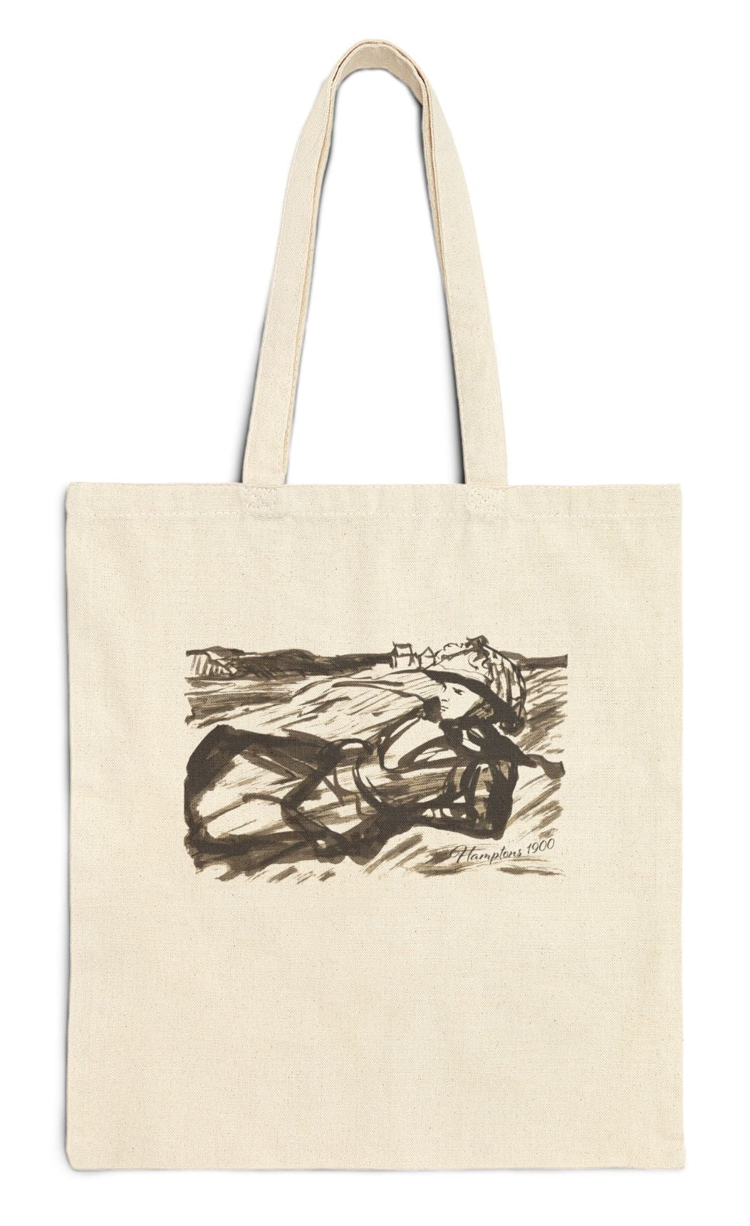 canvas tote bag with graphic of a woman on beach dunes and 'Hamptons 1900' text