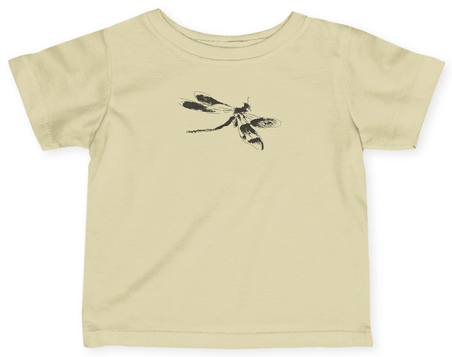 Beige t-shirt with a black dragonfly design on a white background