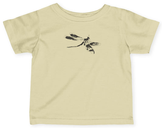 Beige t-shirt with a black dragonfly design on a white background