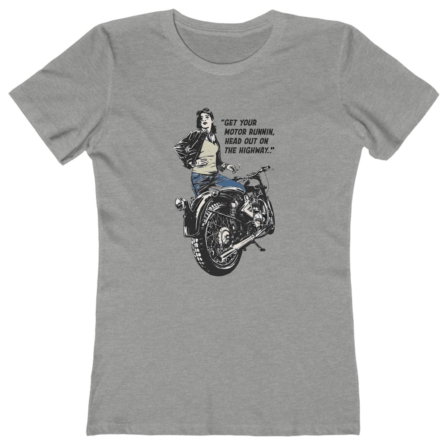 T-shirt with a graphic of a woman on a motorcycle and lyrics from 'Born to be Wild'