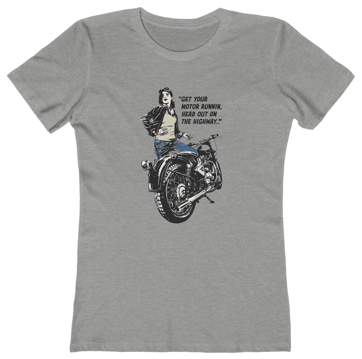 T-shirt with a graphic of a woman on a motorcycle and lyrics from 'Born to be Wild'