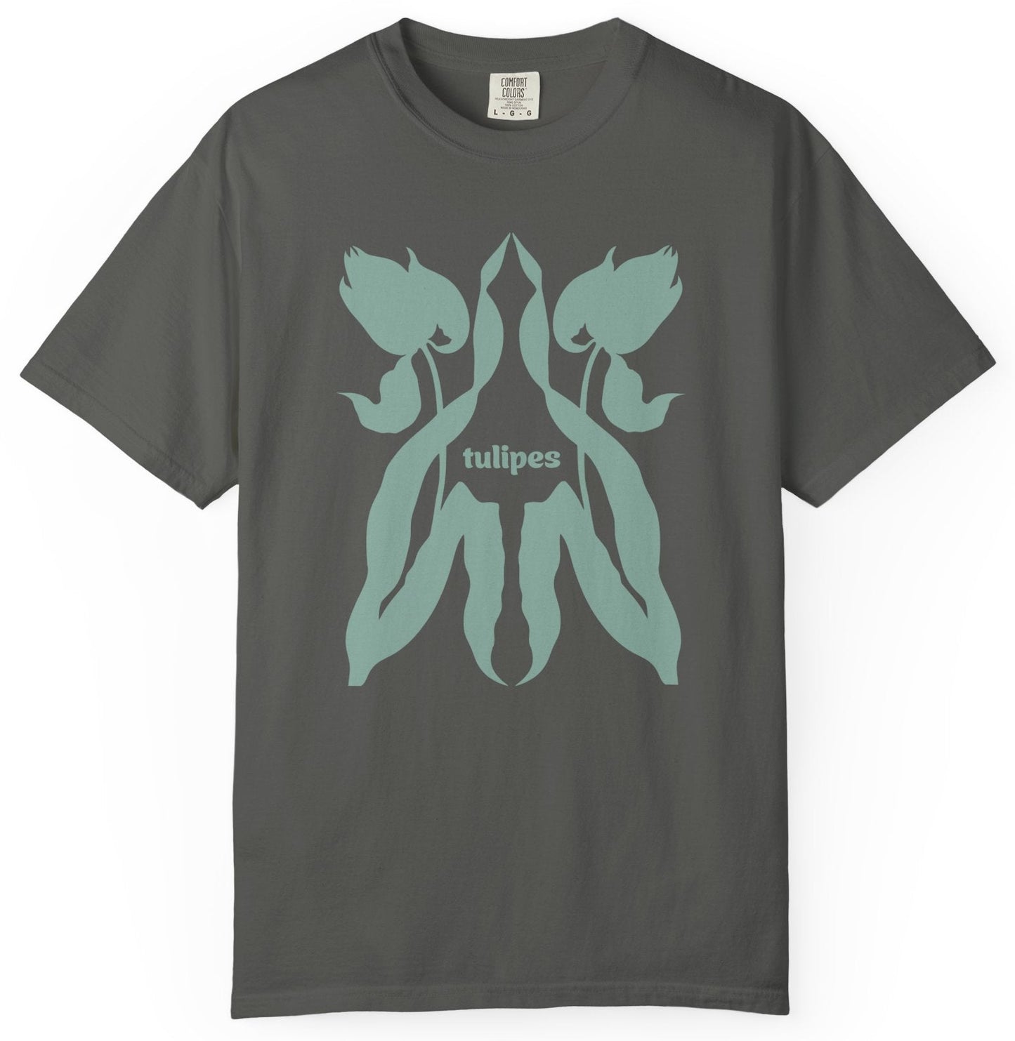 T-shirt with teal tulip design and 'tulipes' text on a white background