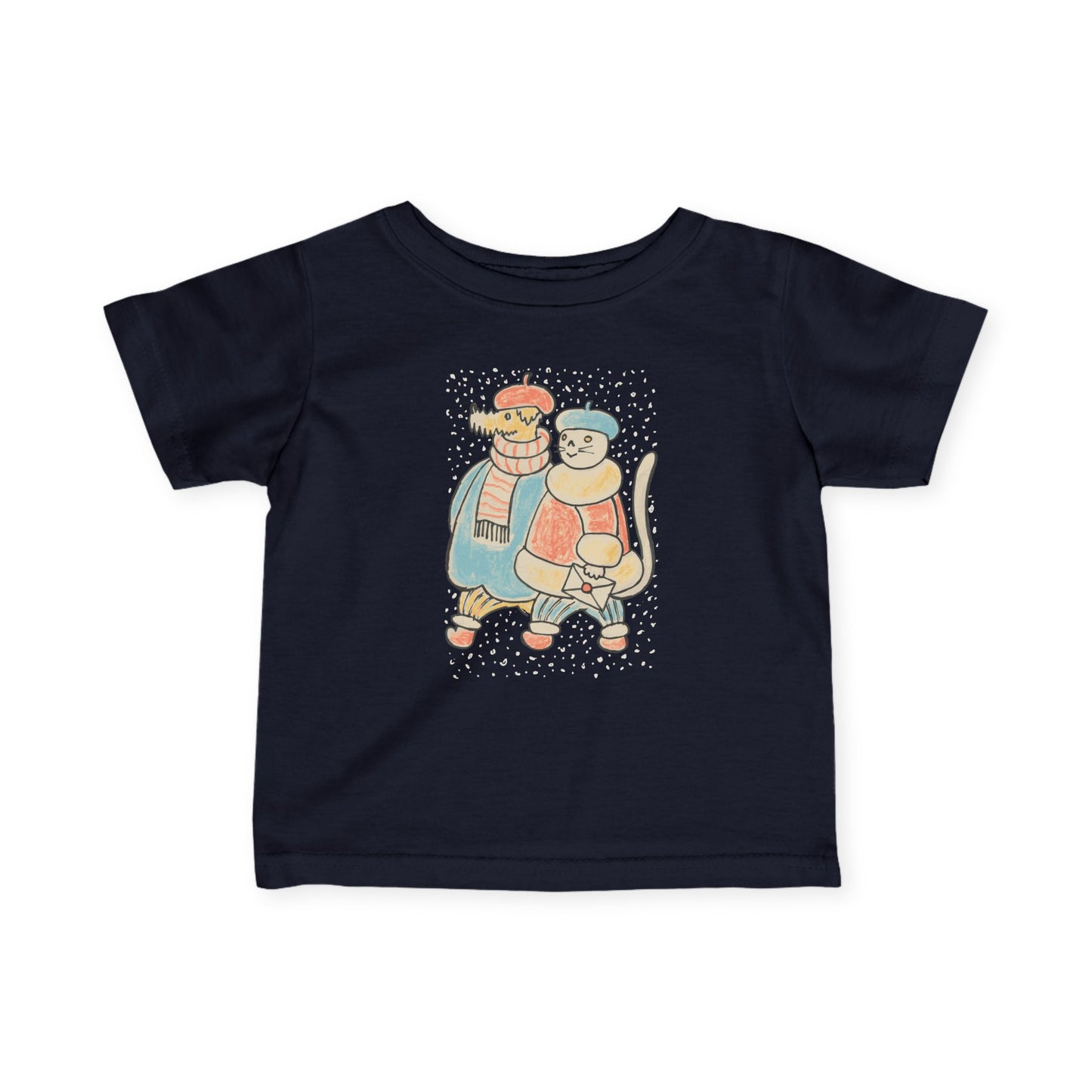 Dog and Cat on a Snowy Winter Walk Baby T-Shirt