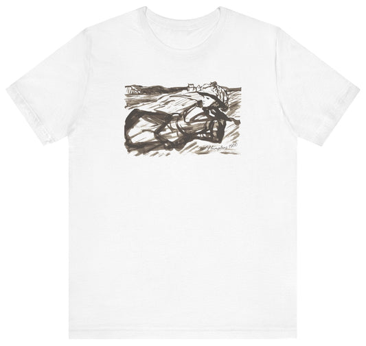 t-shirt with graphic of a woman on beach dunes and 'Hamptons 1900' text