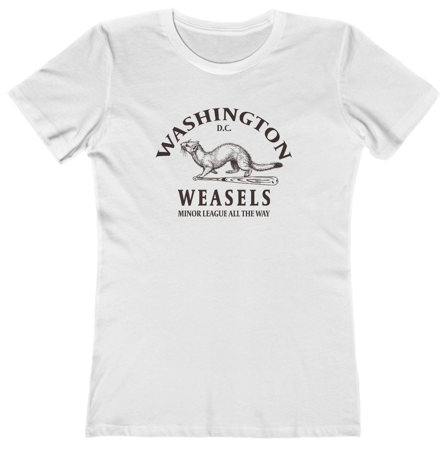 White t-shirt with 'Washington D.C. Weasels' graphic on a white background