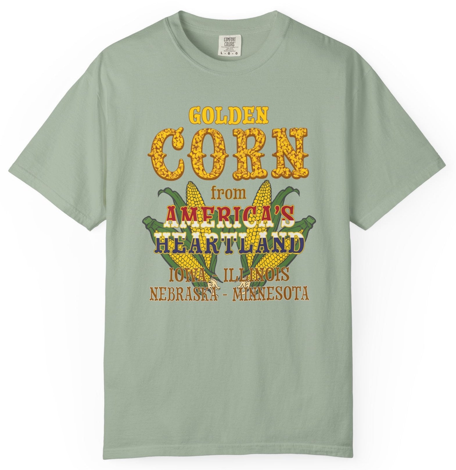T-shirt with corn graphic and 'golden corn from America's heartland Iowa, Illinois, Nebraska, Minnesota' text