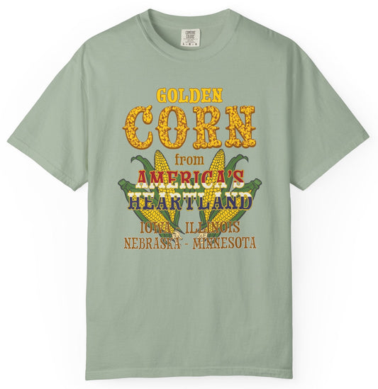 T-shirt with corn graphic and 'golden corn from America's heartland Iowa, Illinois, Nebraska, Minnesota' text