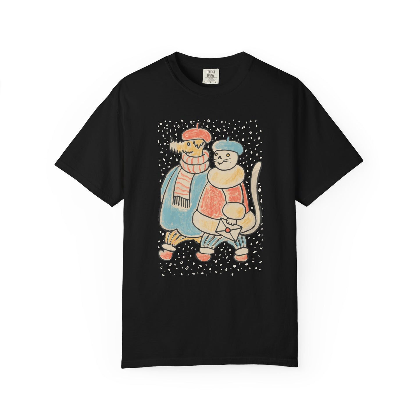 Dog and Cat on a Snowy Winter Walk T-Shirt Unisex