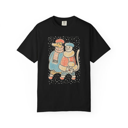 Dog and Cat on a Snowy Winter Walk T-Shirt Unisex