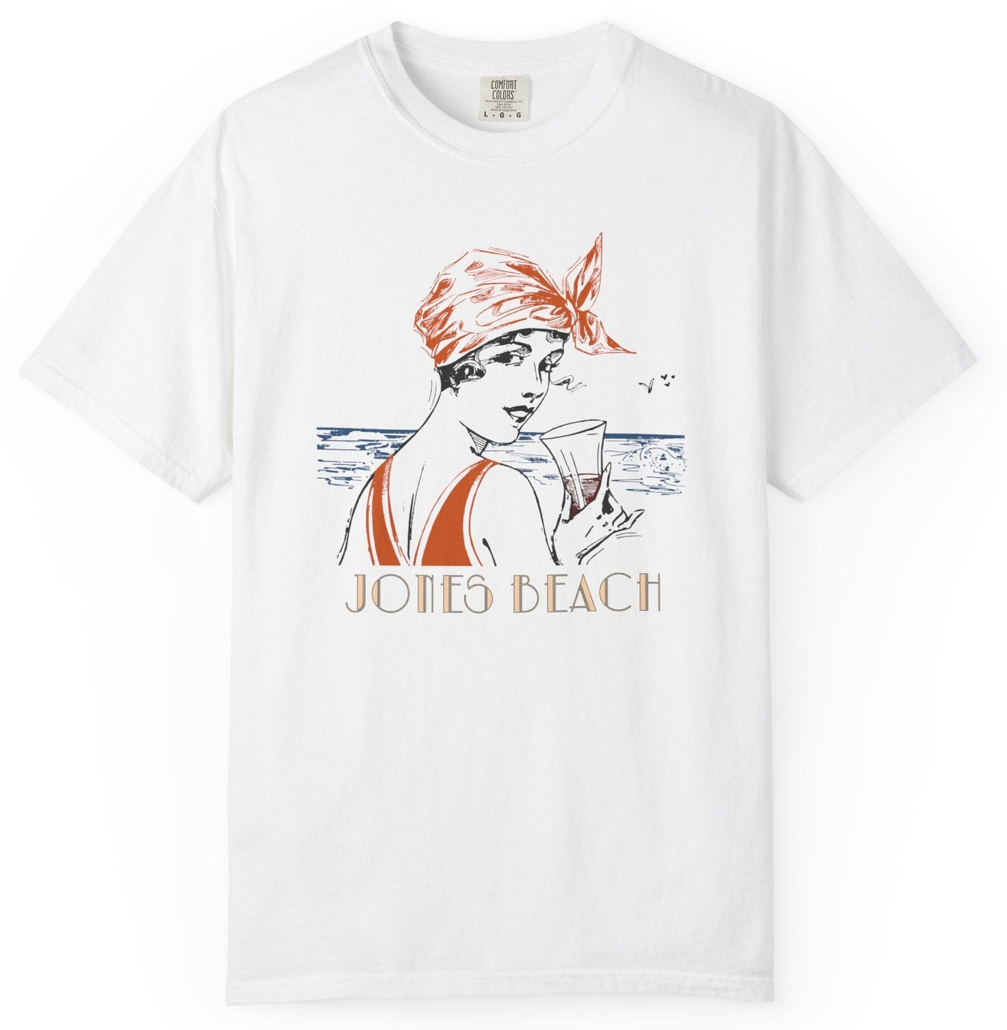 T-shirt with woman at the beach graphic and "Jones Beach" text