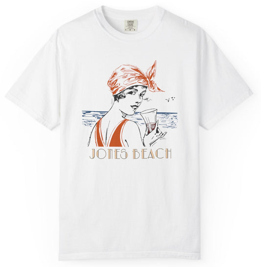 T-shirt with woman at the beach graphic and "Jones Beach" text