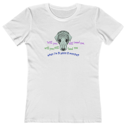 White t-shirt with a graphic of a dog and funny text on a white background