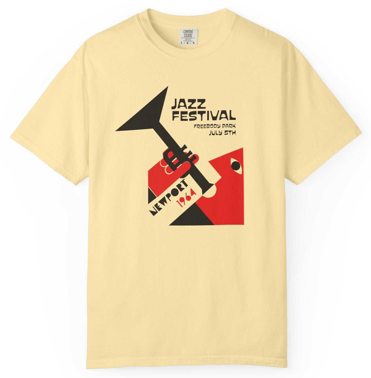 T-shirt with Trumpet player graphic and Newport Jazz Festival 1964 text.