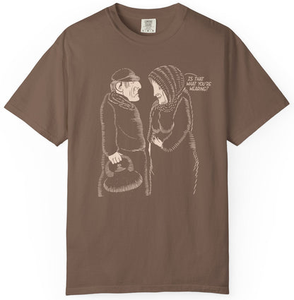 T-shirt with graphic of old couple and 'Is that what you're wearing?" text