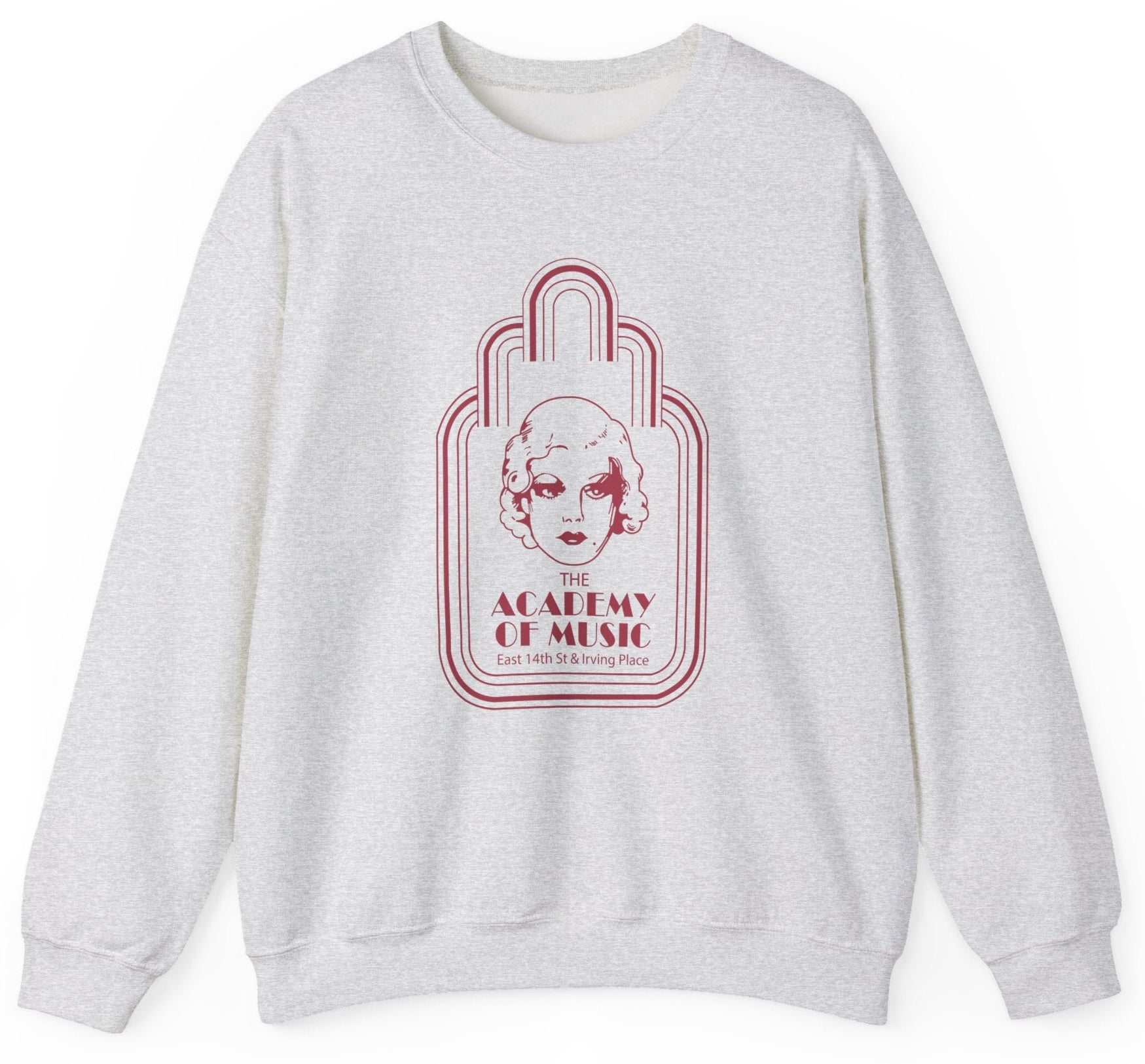 Gray sweatshirt with a red graphic design on a white background