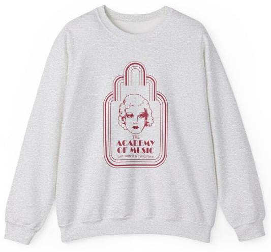 Gray sweatshirt with a red graphic design on a white background