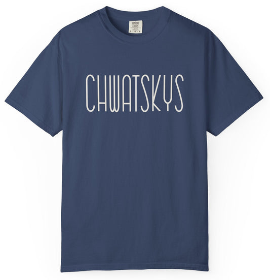 Navy blue t-shirt with 'CHUATSKYS' text on a white background