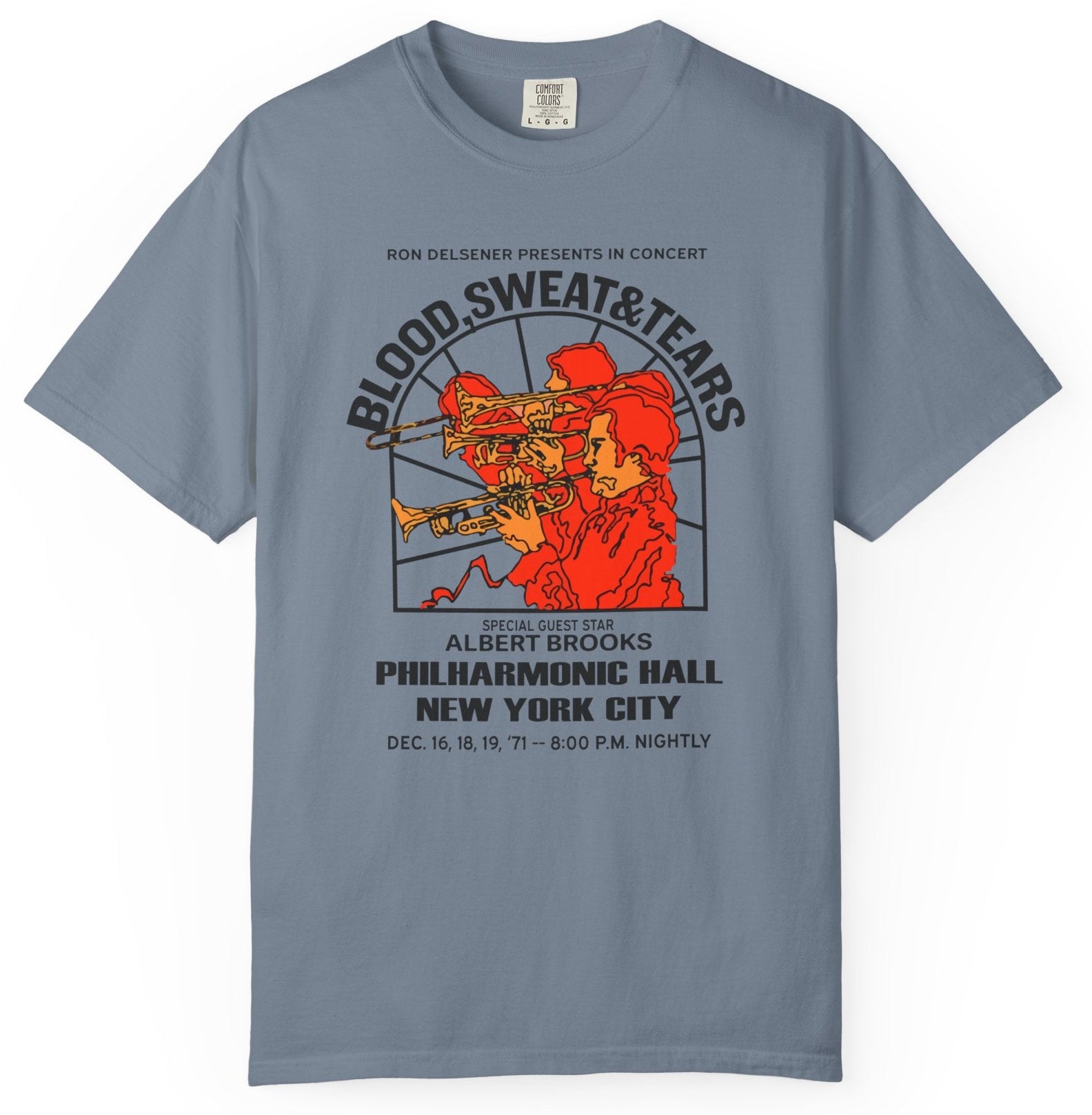 T-shirt with a Blood Sweat & Tears concert poster graphic and text