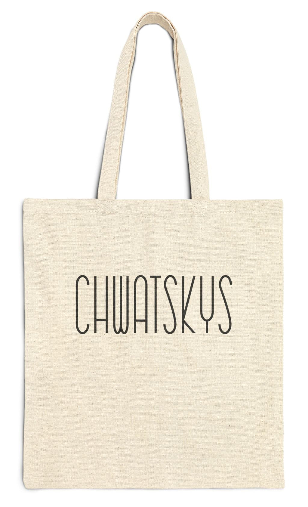 Beige tote bag with 'CHWATSKYS' text on a white background