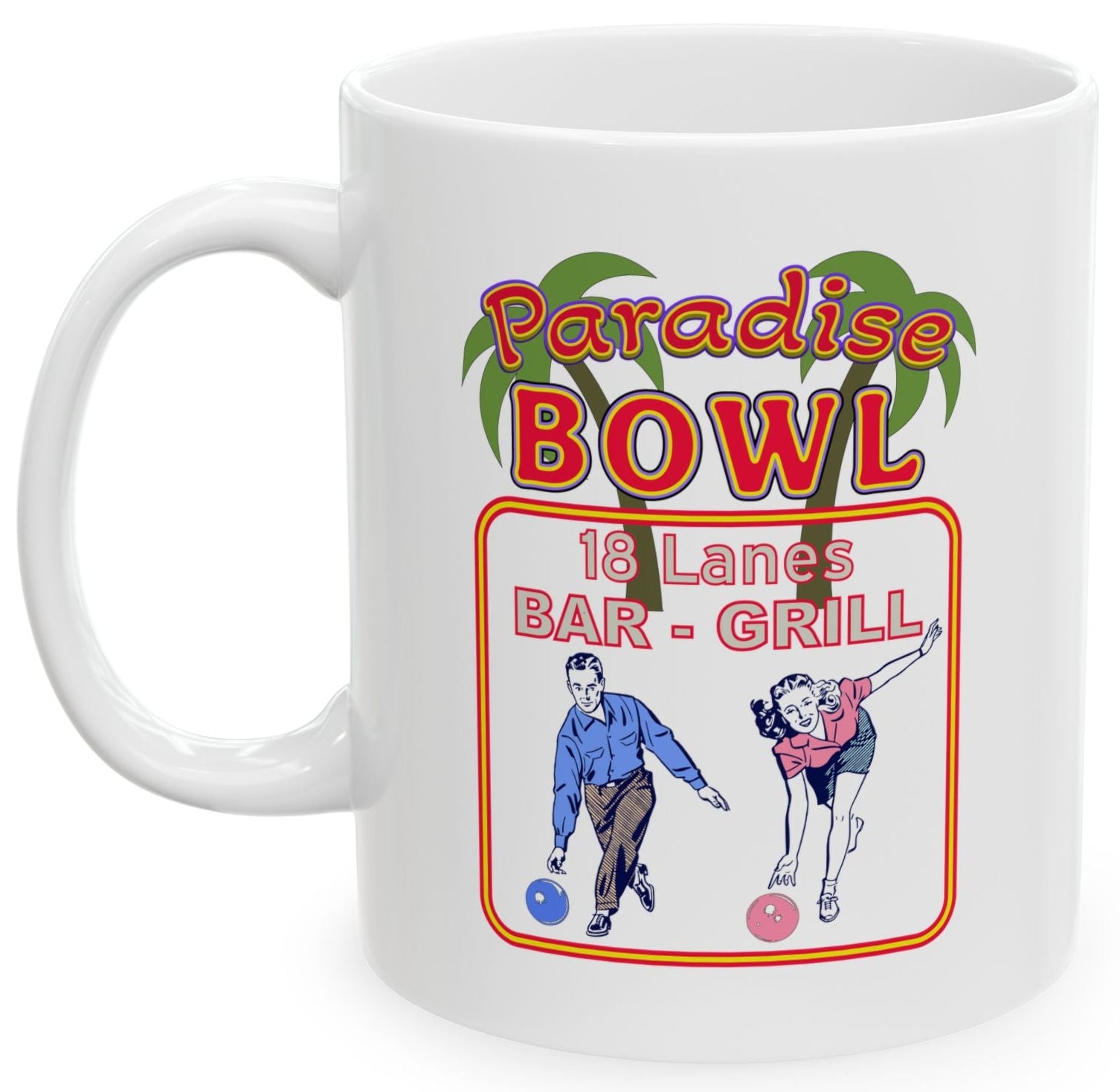 White mug with 'Paradise Bowl' design featuring two people bowling and text.