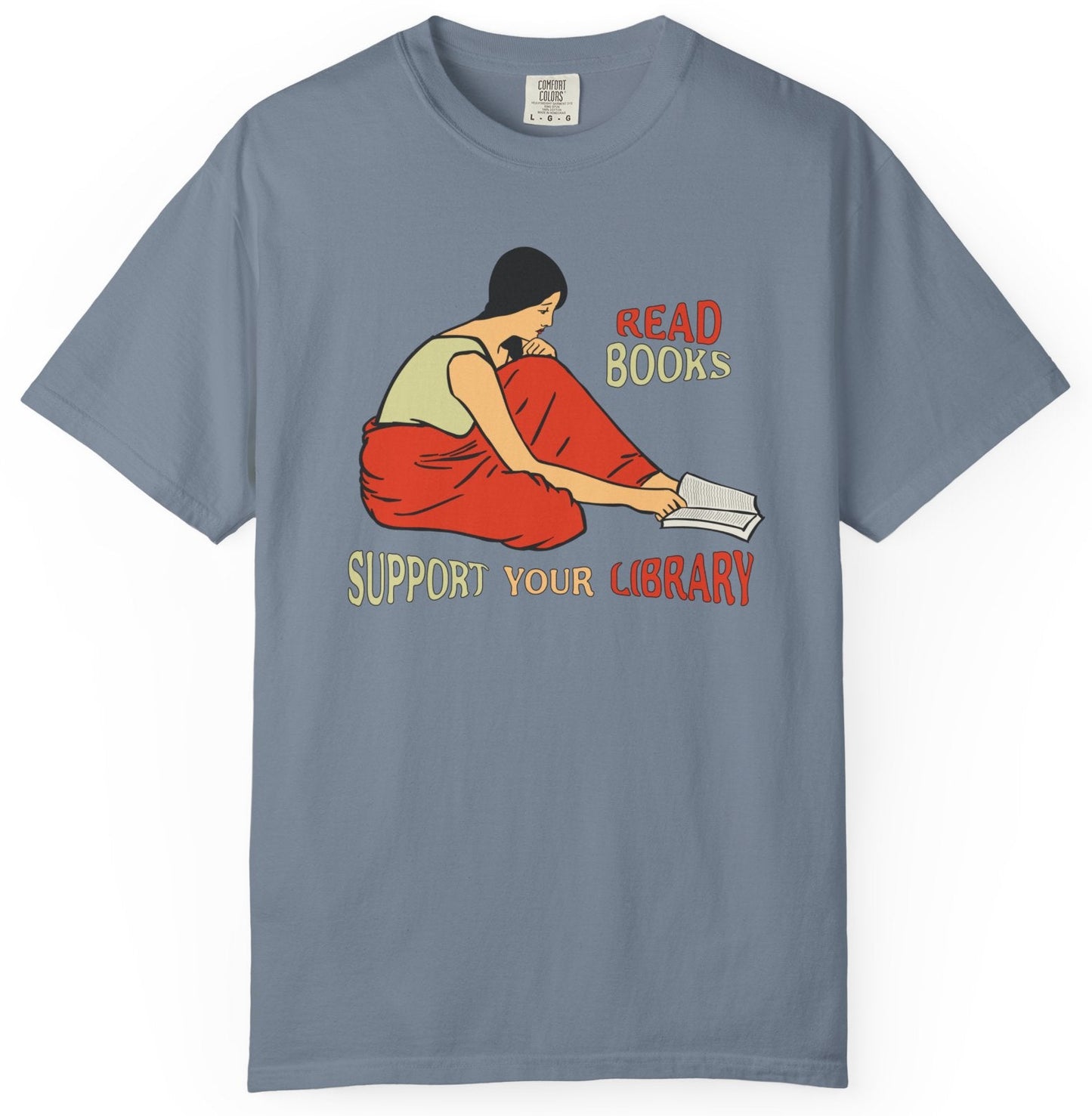 Gray t-shirt with a graphic of a woman reading a book and text 'Read Books Support Your Library' on a white background.