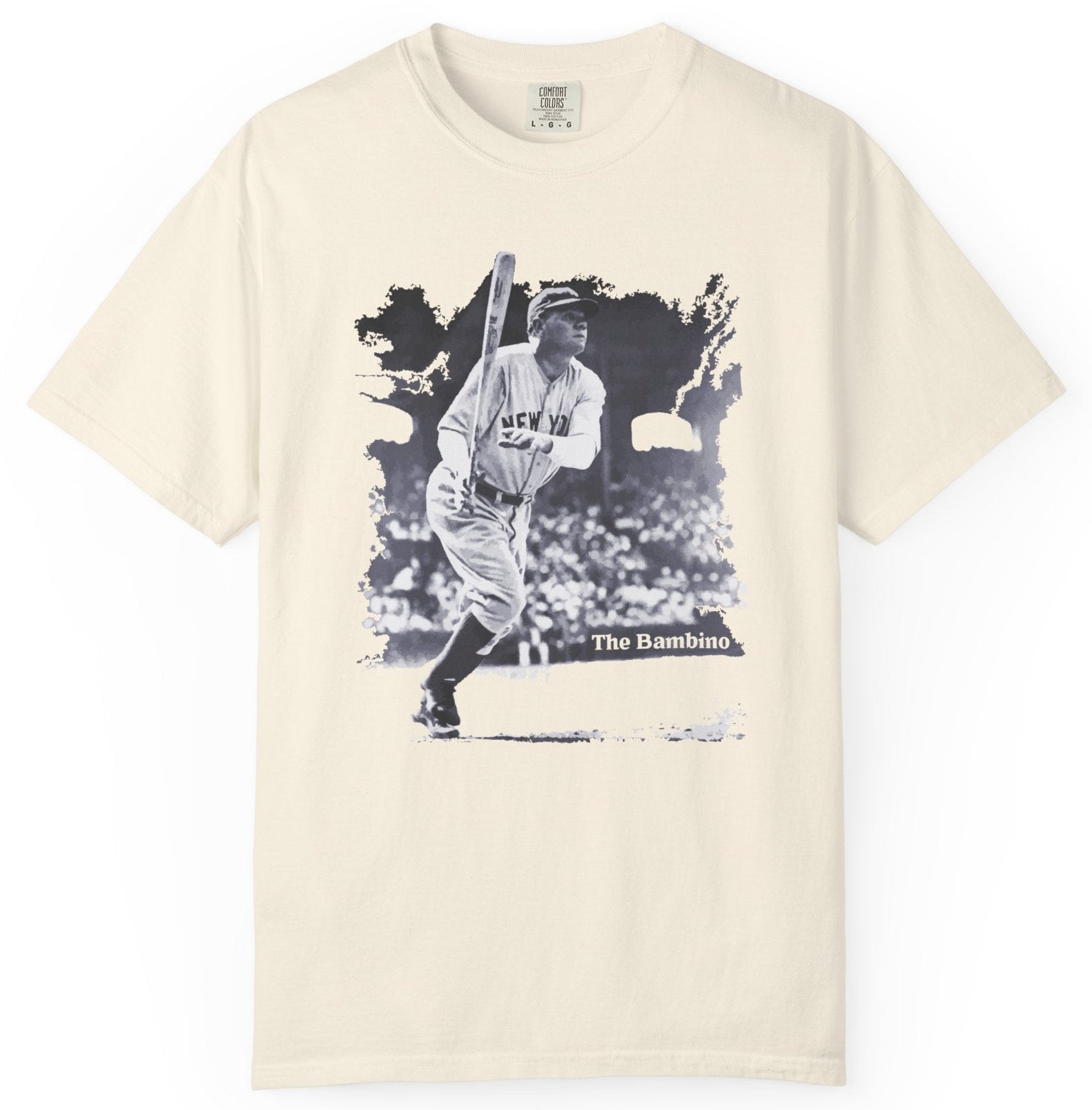 T-shirt with a graphic image of Babe Ruth playing baseball