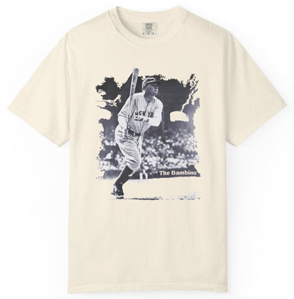 T-shirt with a graphic image of Babe Ruth playing baseball