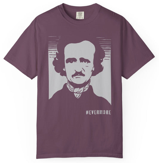 T-shirt with Edgar Allan Poe graphic and "Nevermore" text.