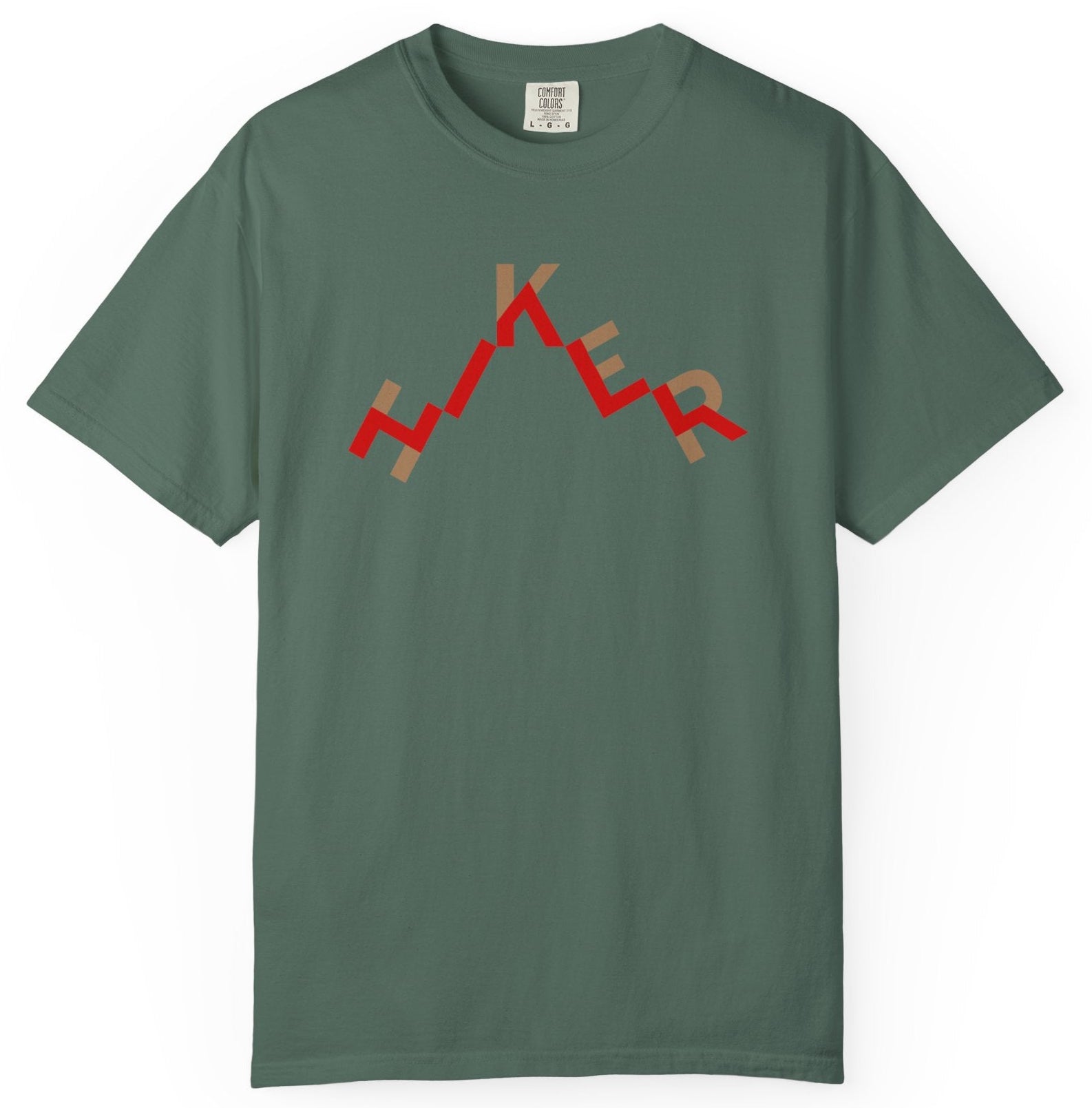 T-shirt with "hiker" text in a trail design.