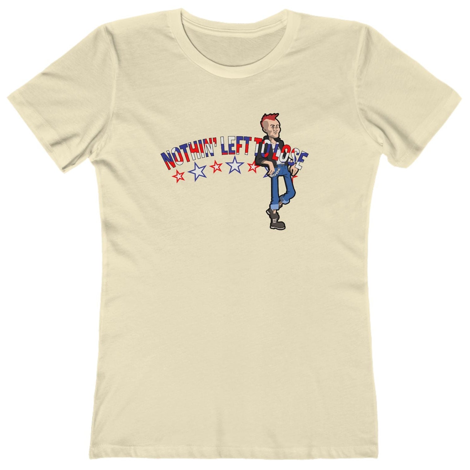 t-shirt with red white and blue text of 'Nothin' Left to Lose' and a graphic character in jeans.