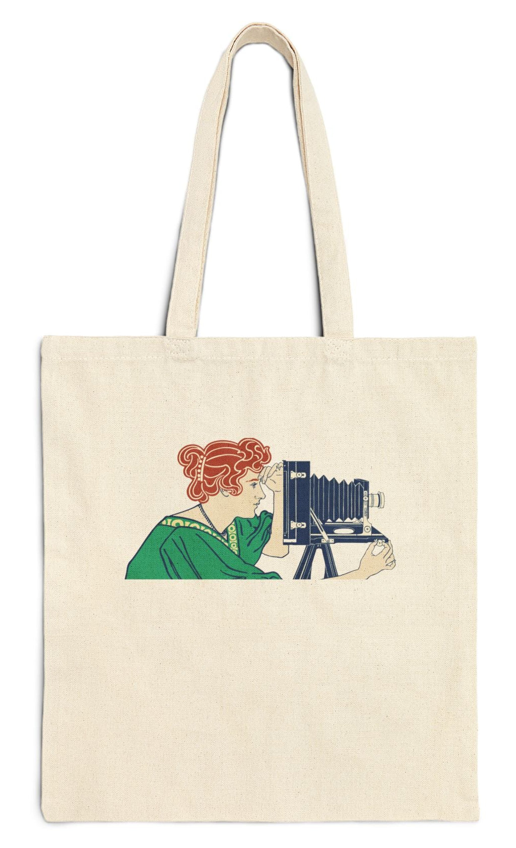 Canvas tote with retro graphic of a photographer