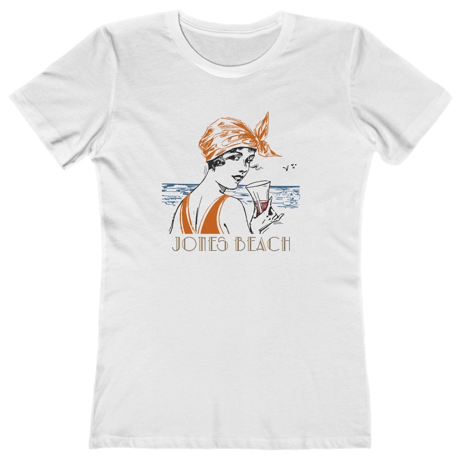 T-shirt with woman at the beach graphic and "Jones Beach" text