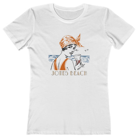T-shirt with woman at the beach graphic and "Jones Beach" text