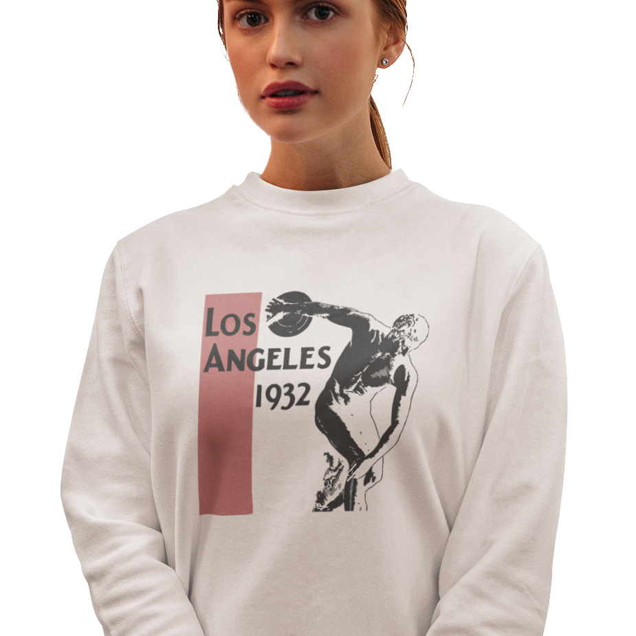 Sweatshirt with a graphic of a discus athlete with text 'Los Angeles 1932'