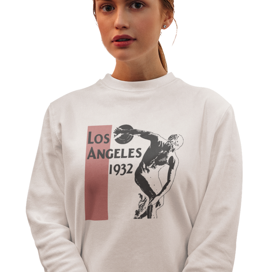 Sweatshirt with a graphic of a discus athlete with text 'Los Angeles 1932'