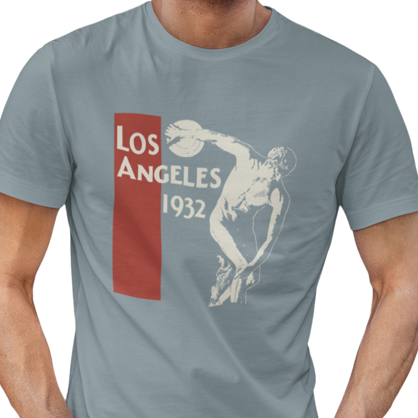 T-shirt with a graphic of a discus athlete with text 'Los Angeles 1932'