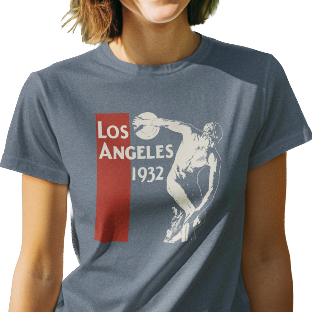 T-shirt with a graphic of a discus athlete with text 'Los Angeles 1932'
