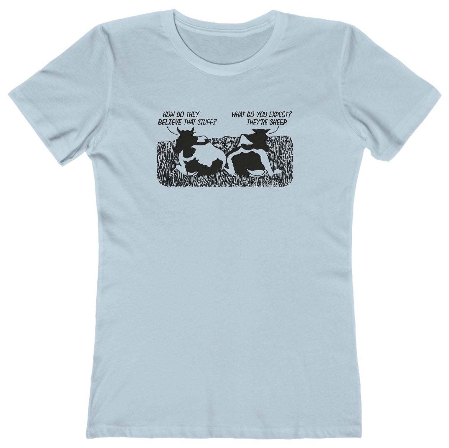 Light blue t-shirt with graphic cow design and funny text 