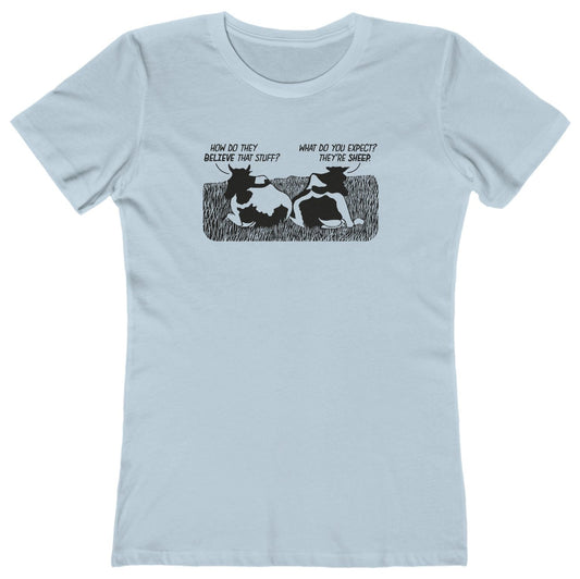 Light blue t-shirt with graphic cow design and funny text 