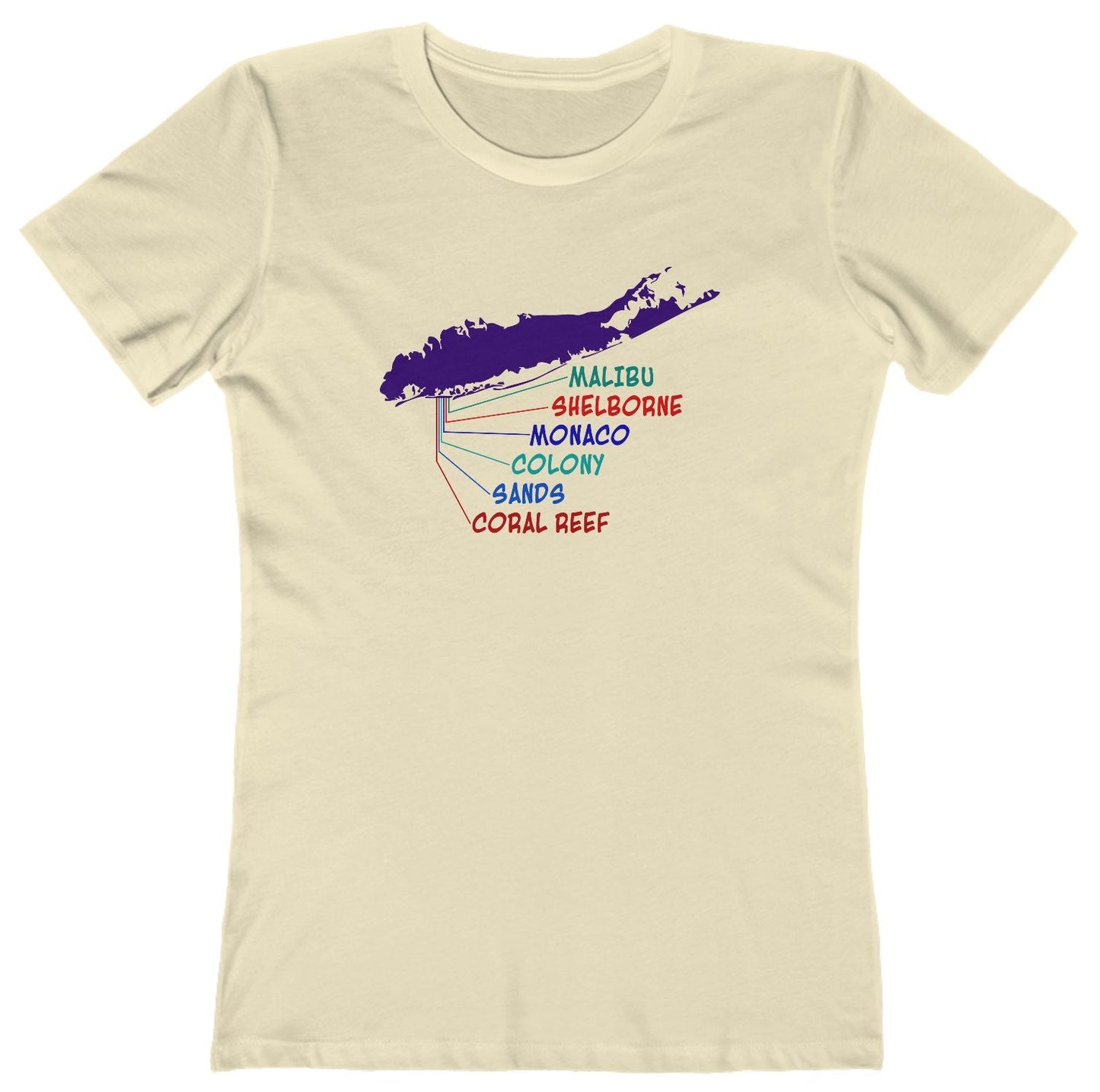 T-shirt with a map of Long Island graphic and a colorful list of the old Lido Beach clubs text.