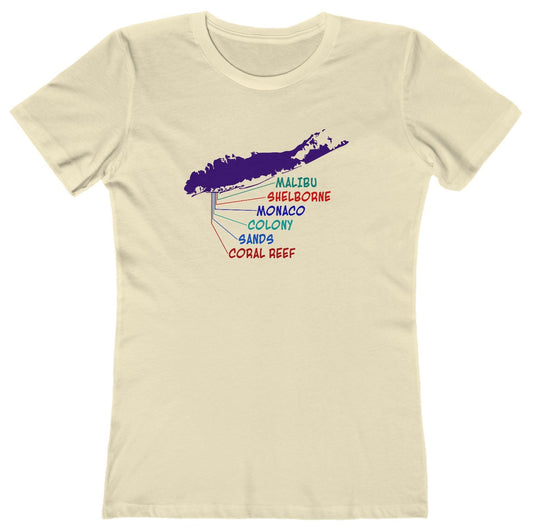 T-shirt with a map of Long Island graphic and a colorful list of the old Lido Beach clubs text.
