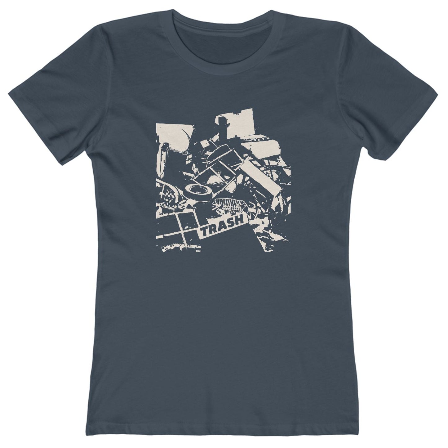 T-shirt with graphic junk pile with text "TRASH" on a piece of junk.