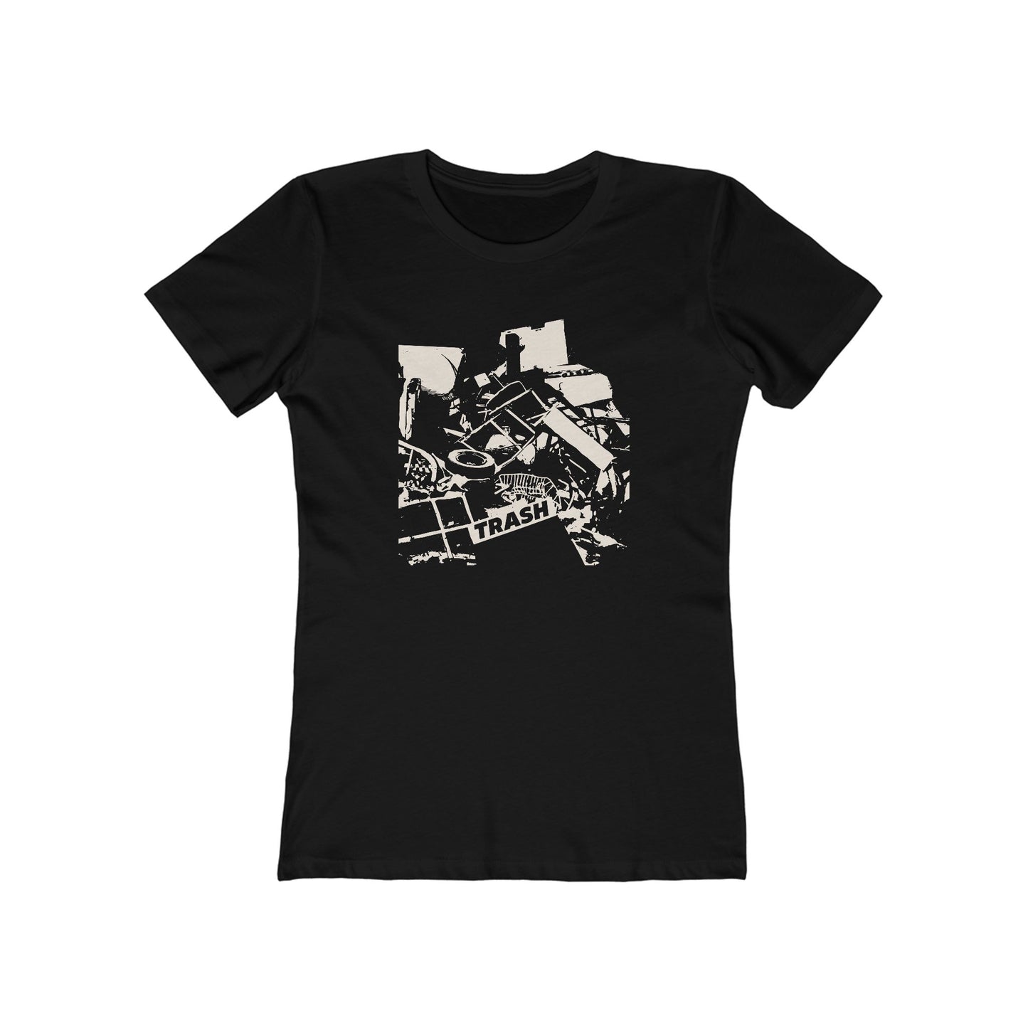 T-shirt with graphic junk pile with text "TRASH" on a piece of junk.