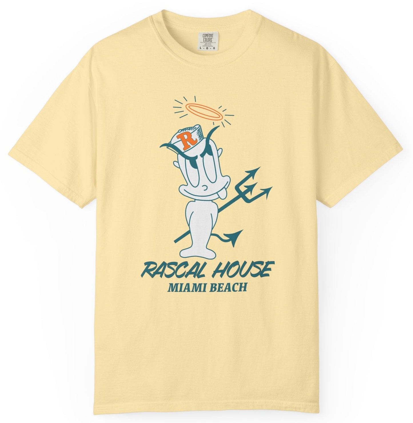 t-shirt commemorating the old Rascal House restaurant with rascal character graphic and 'Rascal House Miami Beach' text